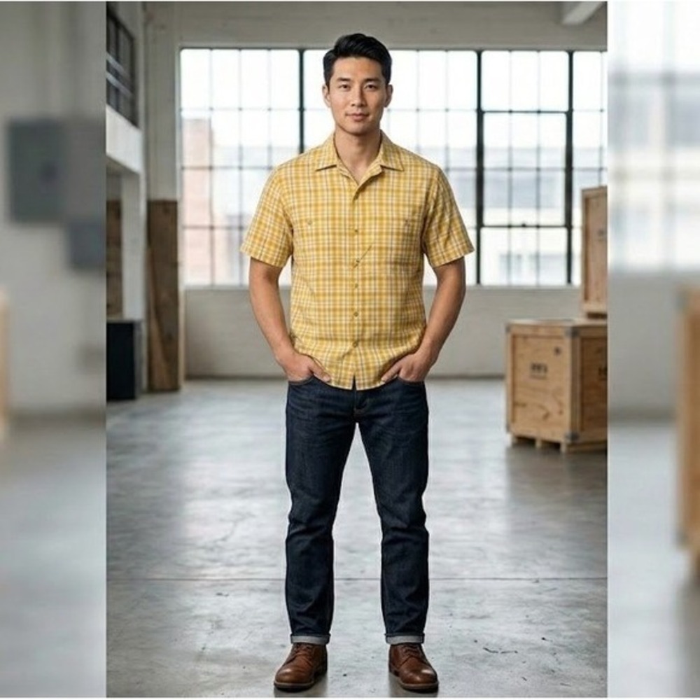 David Taylor Yellow Plaid Twin Pocket Button Front Men's Shirt Size Large